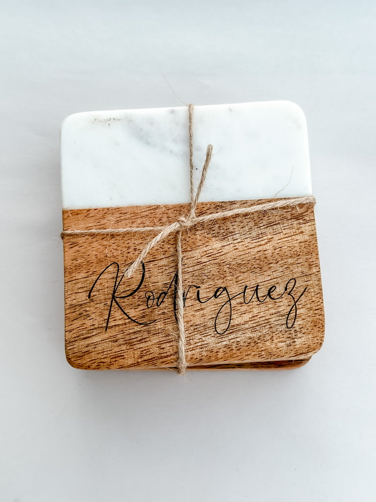 Square Wood and Marble Coasters- Set of 2