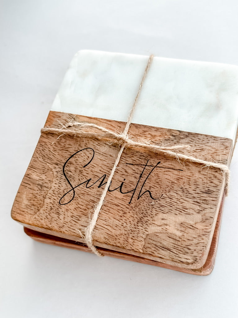 Square Wood and Marble Coasters- Set of 2