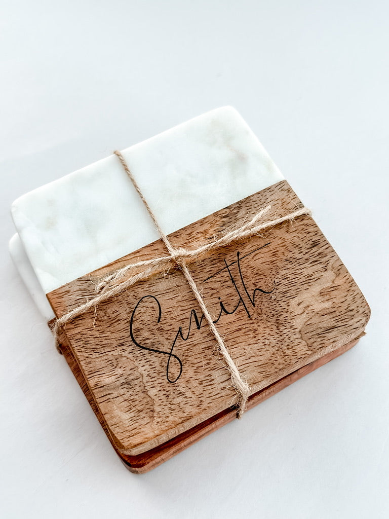 Square Wood and Marble Coasters- Set of 2