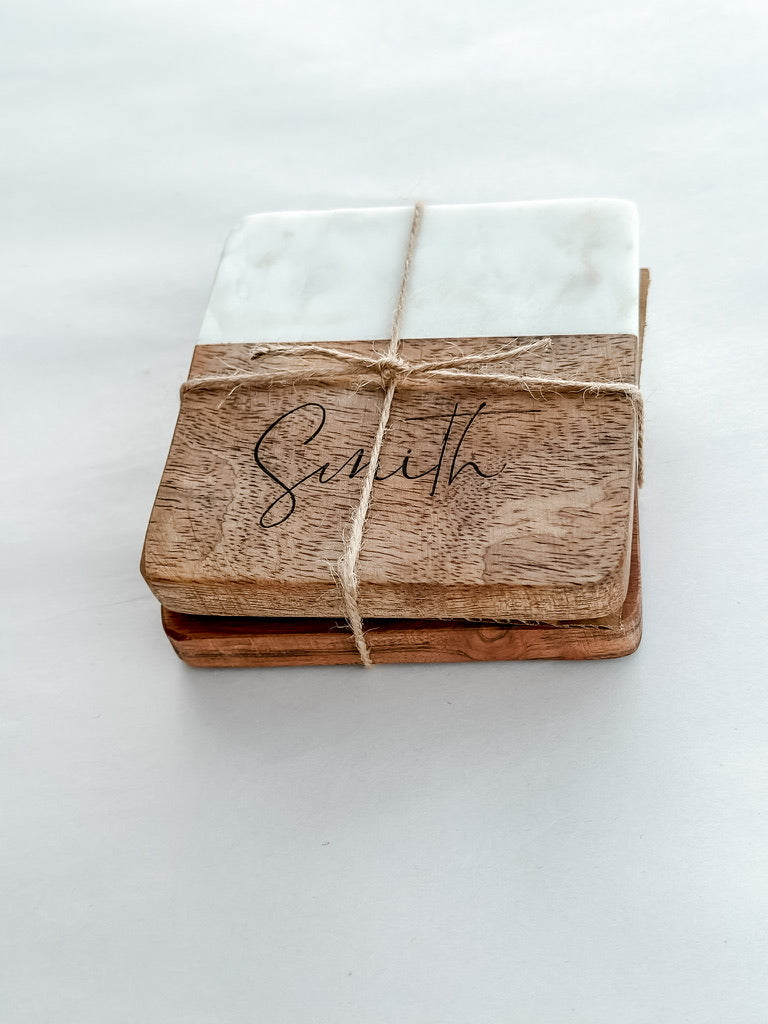 Square Wood and Marble Coasters- Set of 2