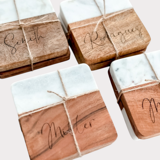 Square Wood and Marble Coasters- Set of 2